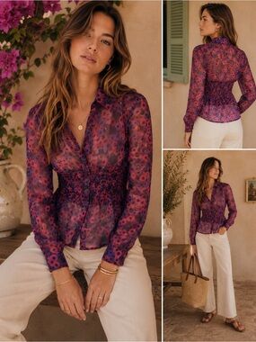 Tahari Silk sheer Floral Blouse Measures as Small vintage Spring Floral